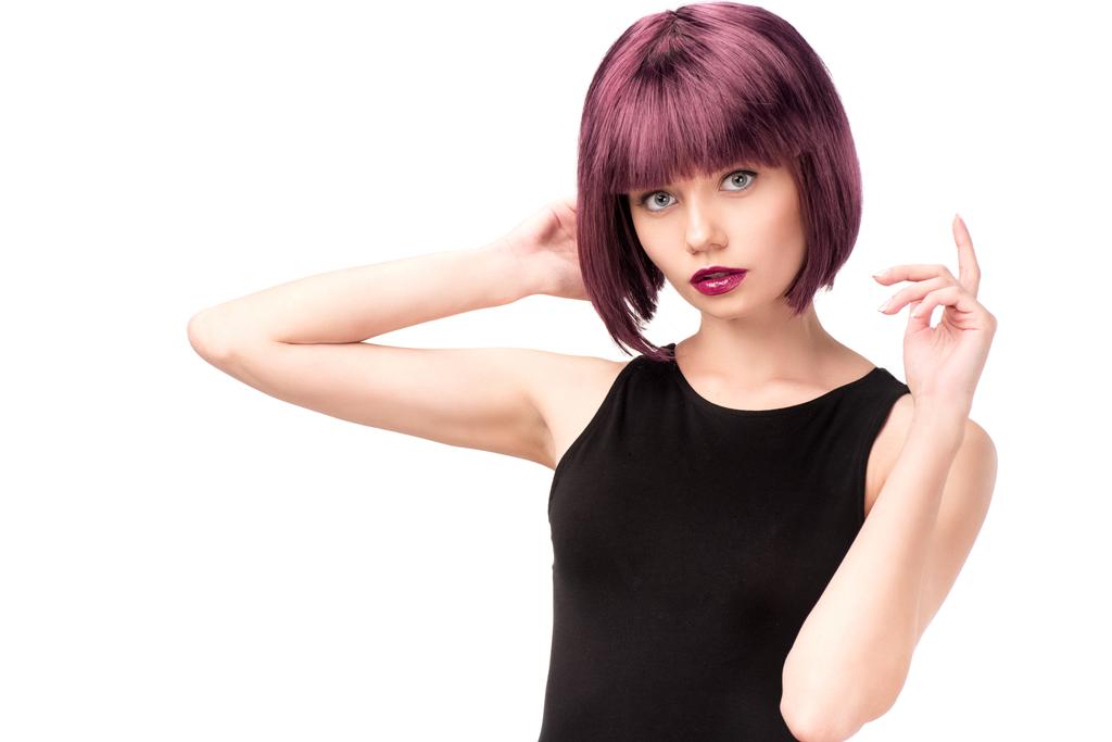 fiatal stílusos nő, lila haj - Fotó, kép