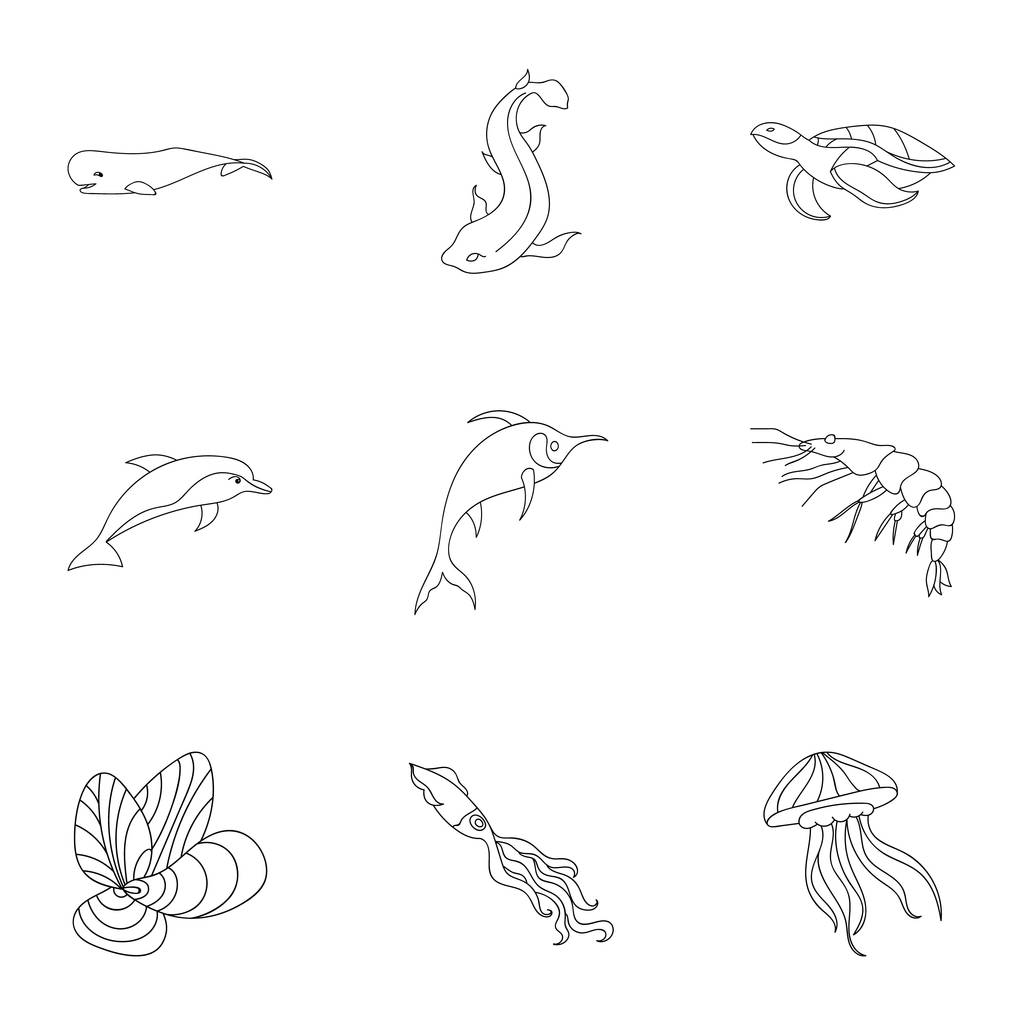 Habitantes marinos y fluviales. Peces, ballenas, pulpos. Icono de animales marinos en la colección de conjuntos en la ilustración de stock de símbolos de vectores de estilo de esquema
. - Vector, imagen