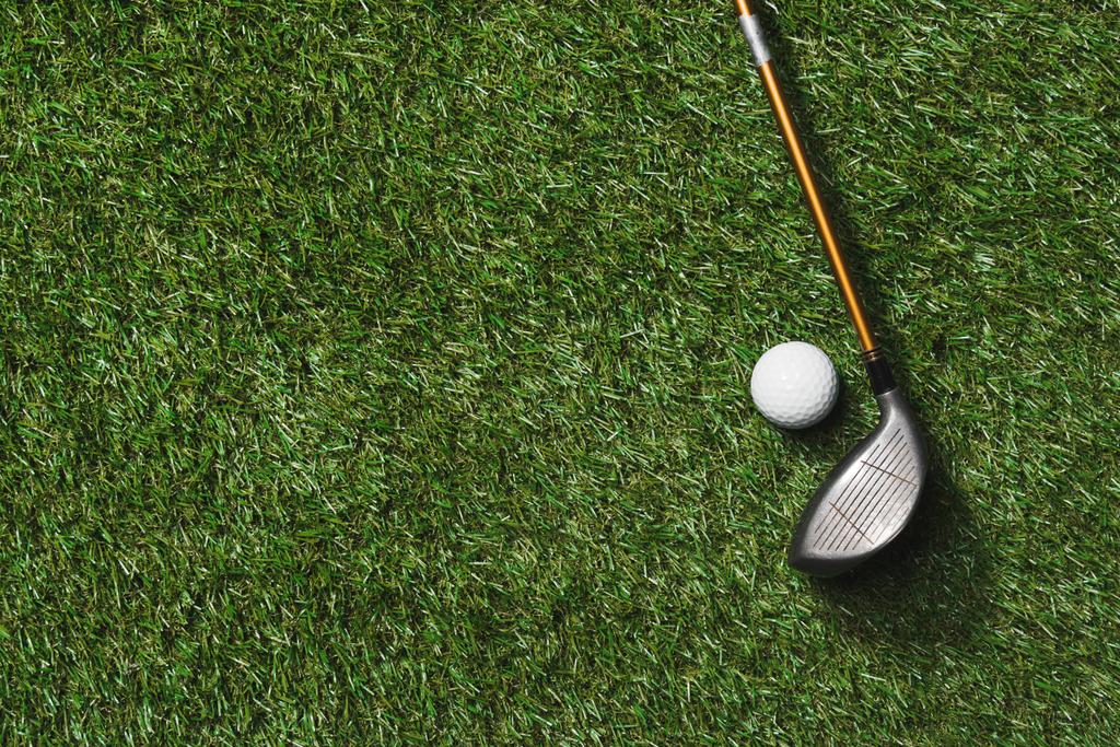Golf club en bal op gras - Foto, afbeelding