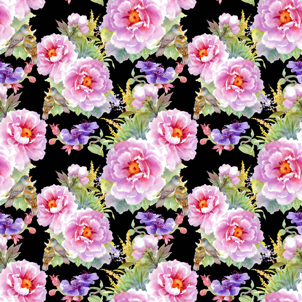 μοτίβο με λουλούδια, φύλλα και τα πουλιά  - Φωτογραφία, εικόνα