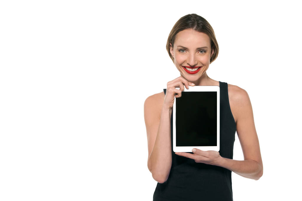 Mulher feliz mostrando uma tela tablet
 - Foto, Imagem