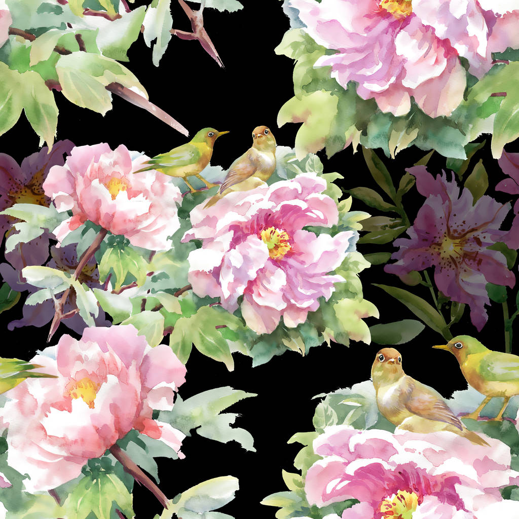 узор розовых цветов и птиц
  - Фото, изображение
