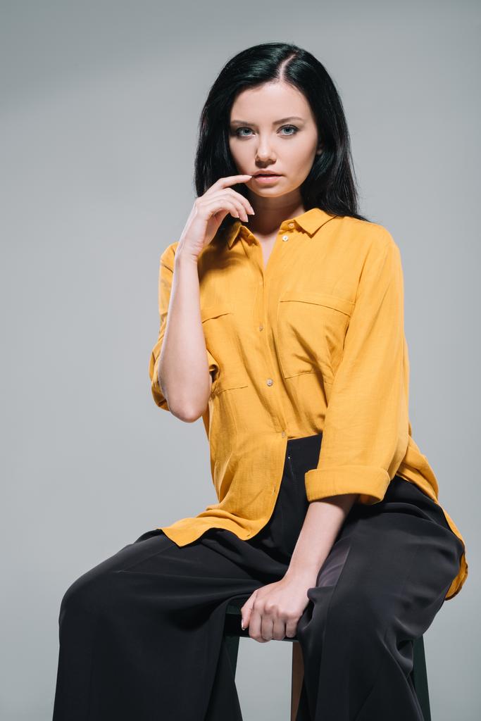 brunette woman in yellow blouse - Photo, Image