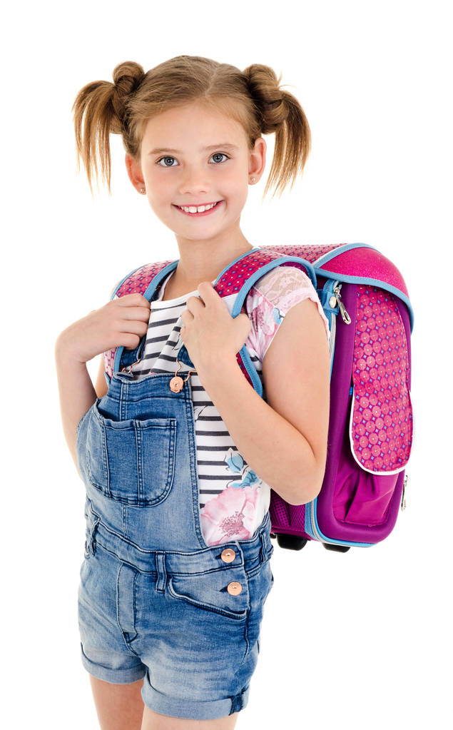 Portret uśmiechnięte dziecko dziewczyna szkoła szkoła torba na białym tle - Zdjęcie, obraz