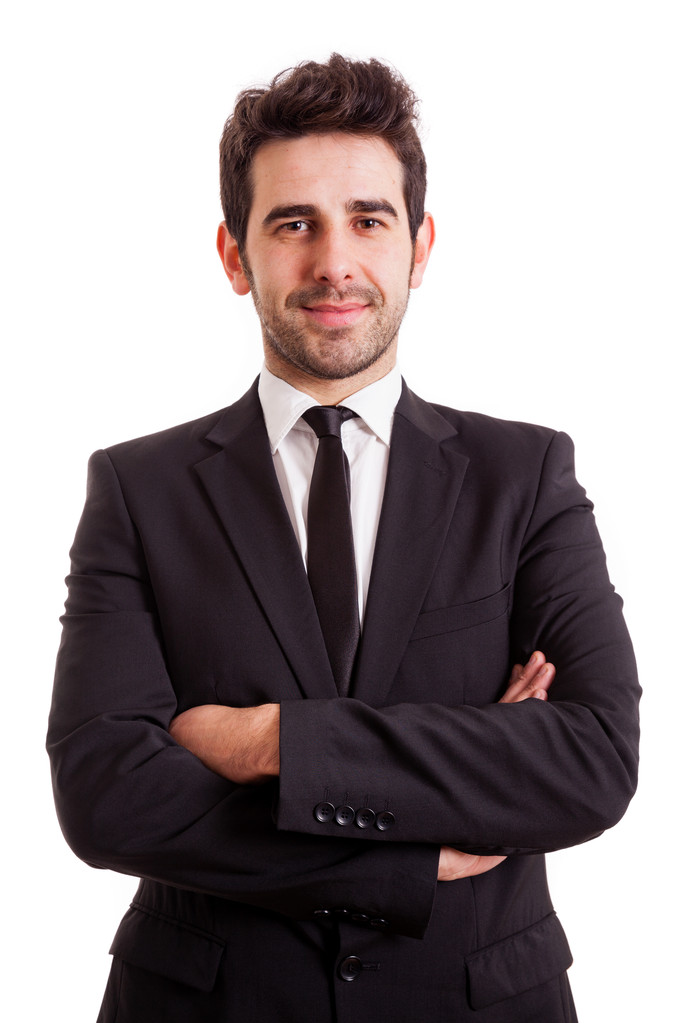 Portréja egy mosolygó fiatal üzletember, elszigetelt fehér fonákkal - Fotó, kép
