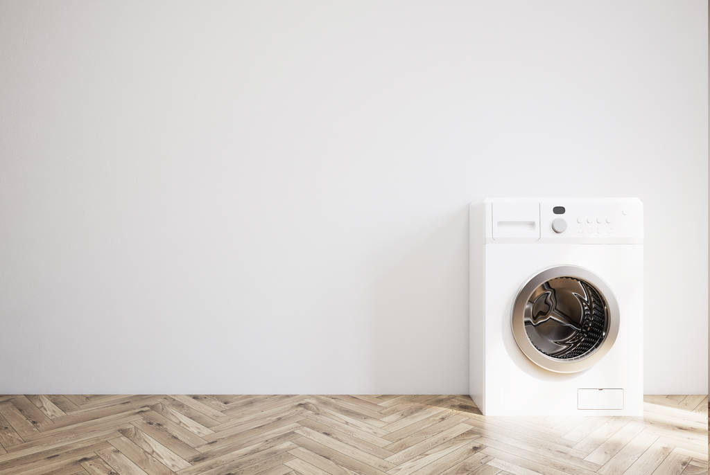 Çamaşır makinesi, ahşap zemin ile gri Oda - Fotoğraf, Görsel