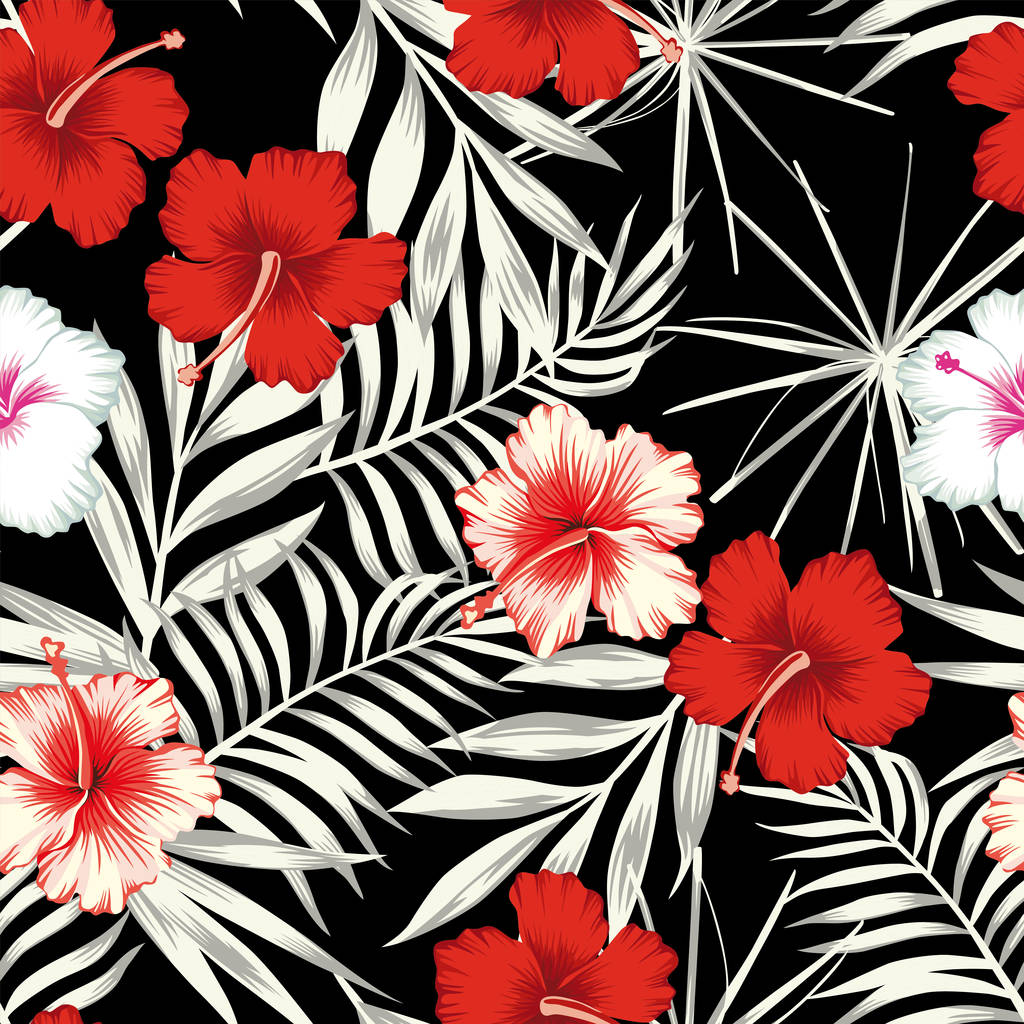 Color hibiscus on the black white leaves seamless background - Vector, Image