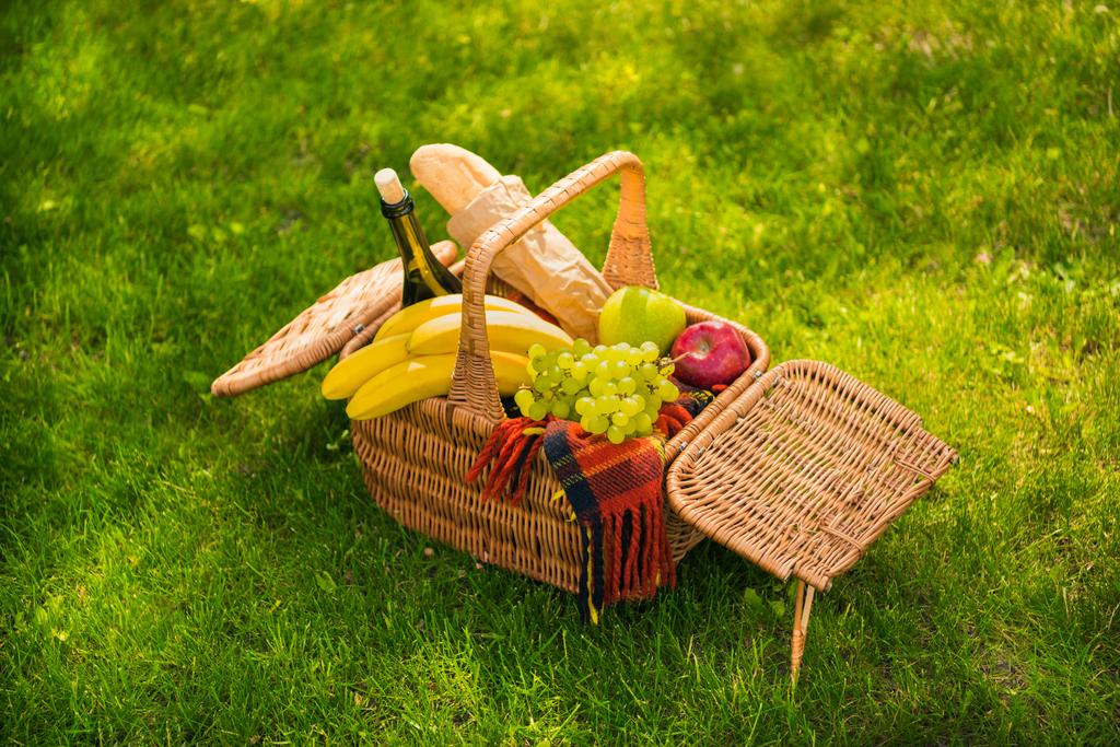 picknickmand met fruit en wijn  - Foto, afbeelding