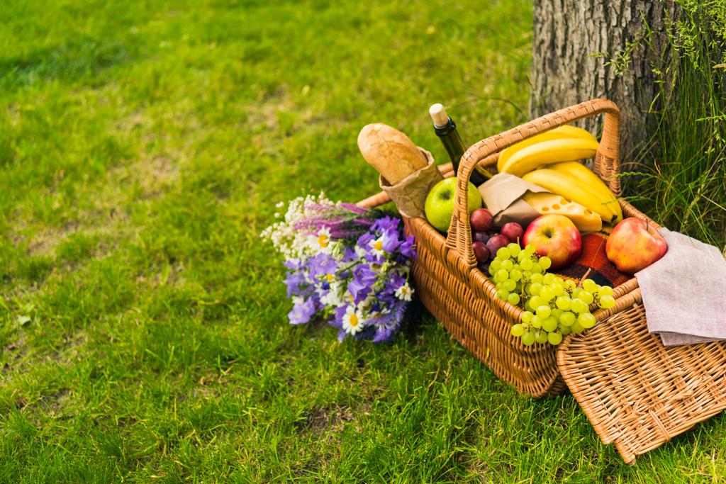 cesta de picnic con frutas y vino  - Foto, imagen