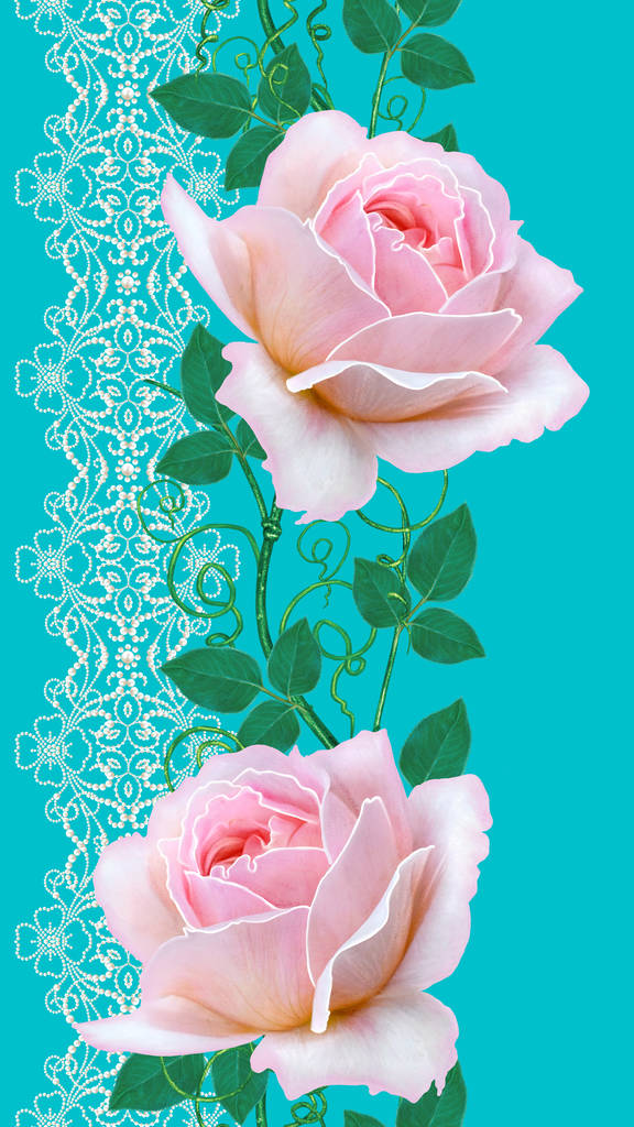 Vertical floral border. Seamless pattern. Flower garland of pink beautiful roses. Openwork embossed weaving from silver. - Photo, Image