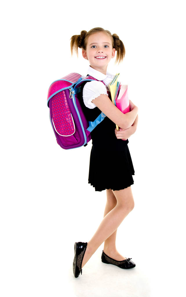 Porträt eines lächelnden glücklichen Schulmädchens mit Rucksack - Foto, Bild