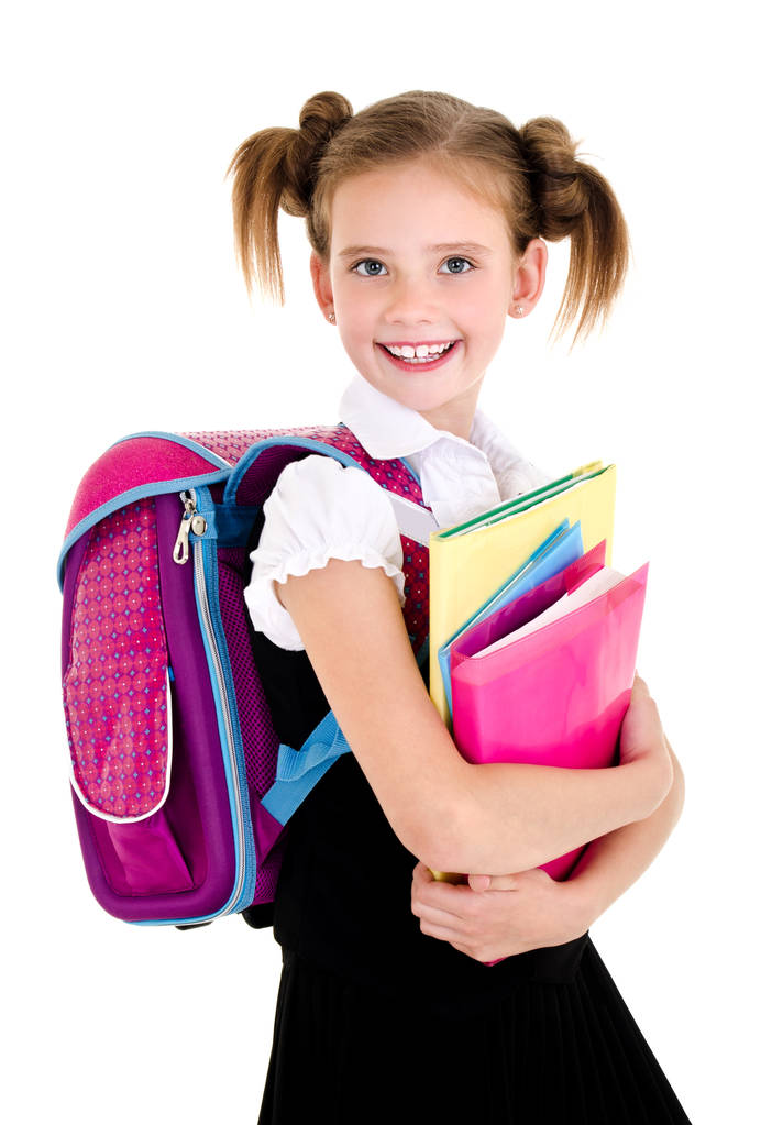 Portrait of smiling happy school girl child with backpack  - Photo, Image