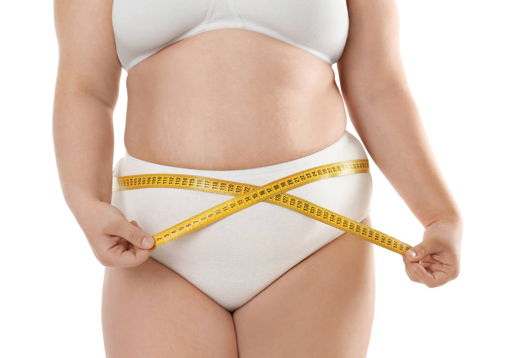 Mulher com excesso de peso Medição da cintura
  - Foto, Imagem