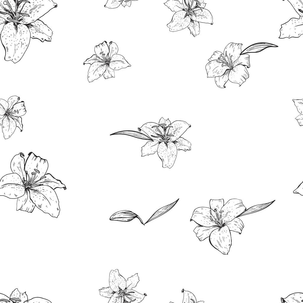 Lily kwiaty ręcznie rysowane w obszarze o konturze. Jednolity wzór. Ilustracja wektorowa. - Wektor, obraz