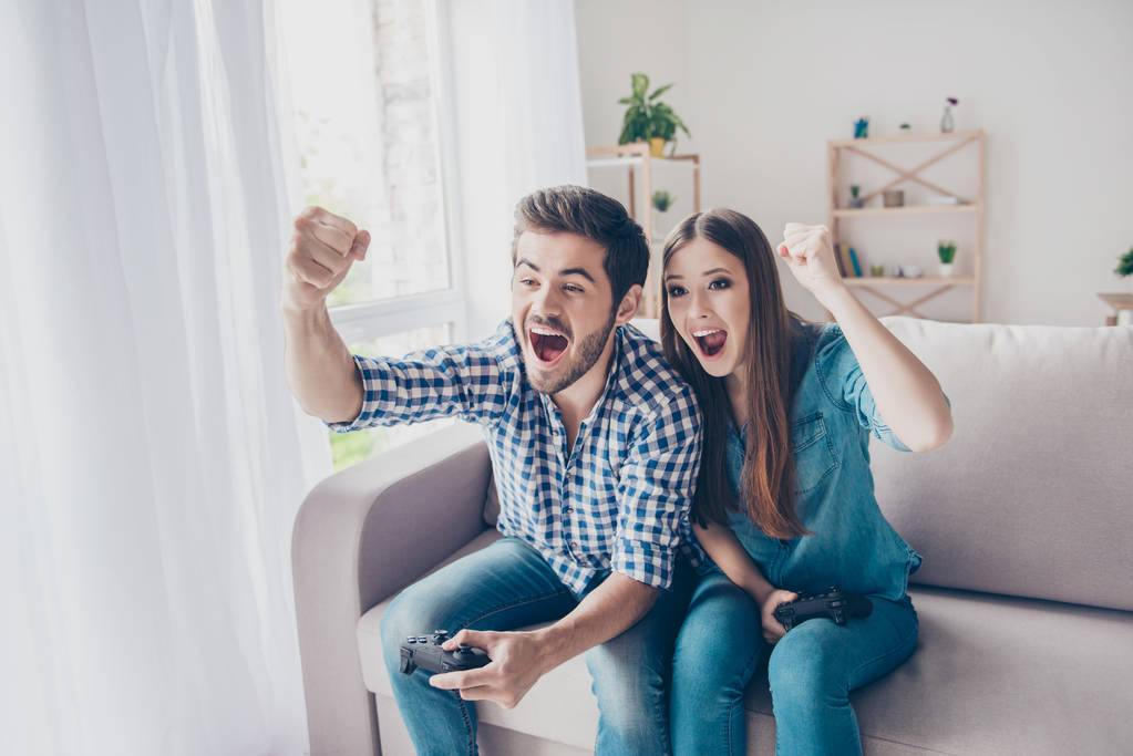Goal! Yes! Married young people are fans of video games, love sp - Photo, Image