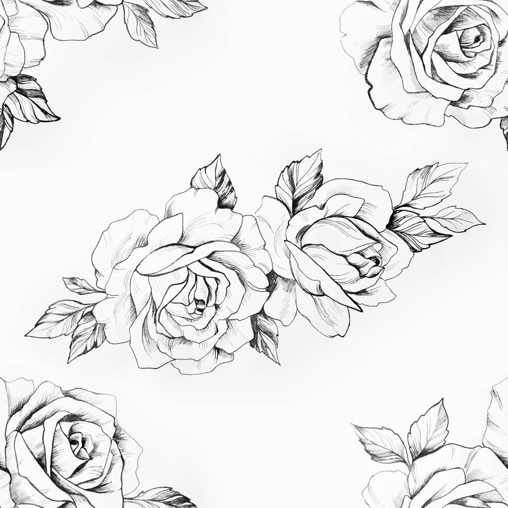 nahtloses Muster einer schwarz-weißen Rose auf weißem Hintergrund. - Foto, Bild