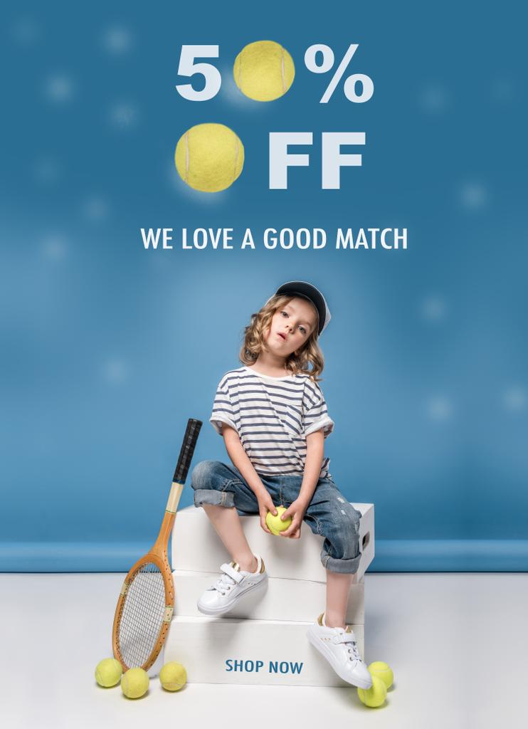 Banner de venta con pequeño jugador de tenis
 - Foto, imagen