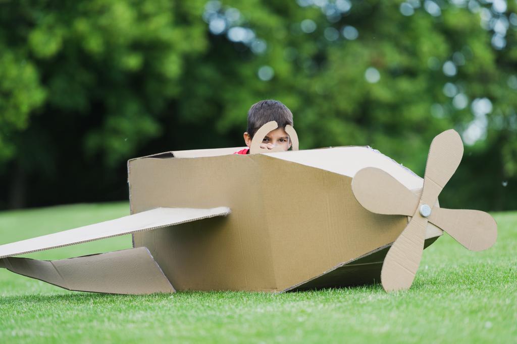 Αγόρι παίζει με αεροπλάνο στο πάρκο - Φωτογραφία, εικόνα