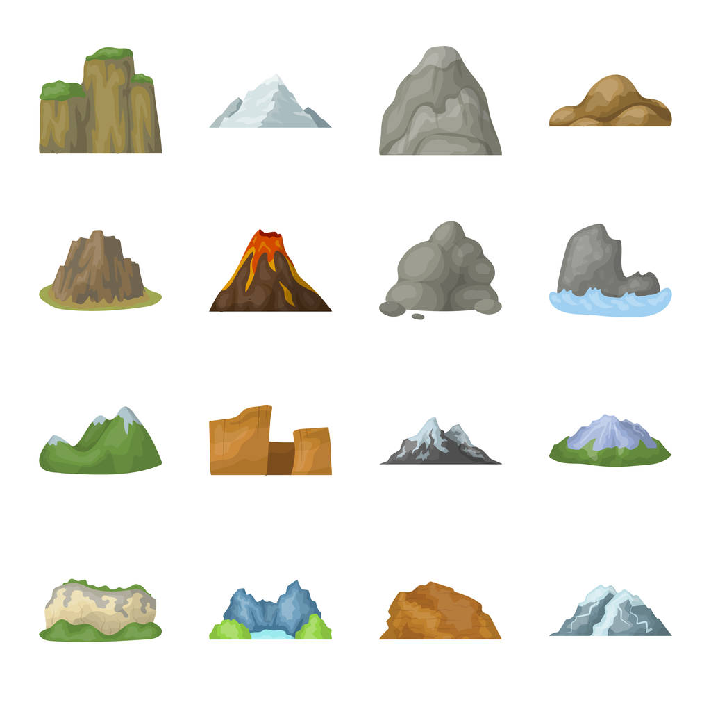 Roccia, picco, vulcano, e altri tipi di montagne. Diverse montagne set icone di raccolta in stile cartone animato vettore simbolo stock illustrazione web
. - Vettoriali, immagini
