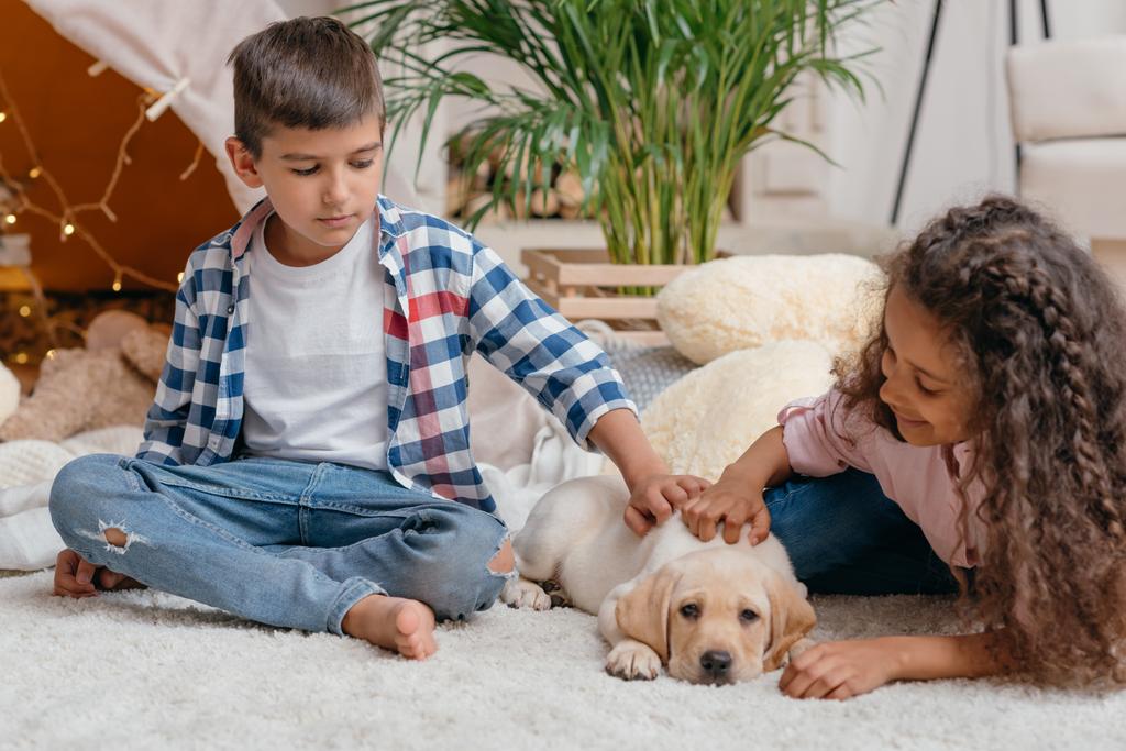 labrador köpek yavrusu ile çok kültürlü çocuk - Fotoğraf, Görsel