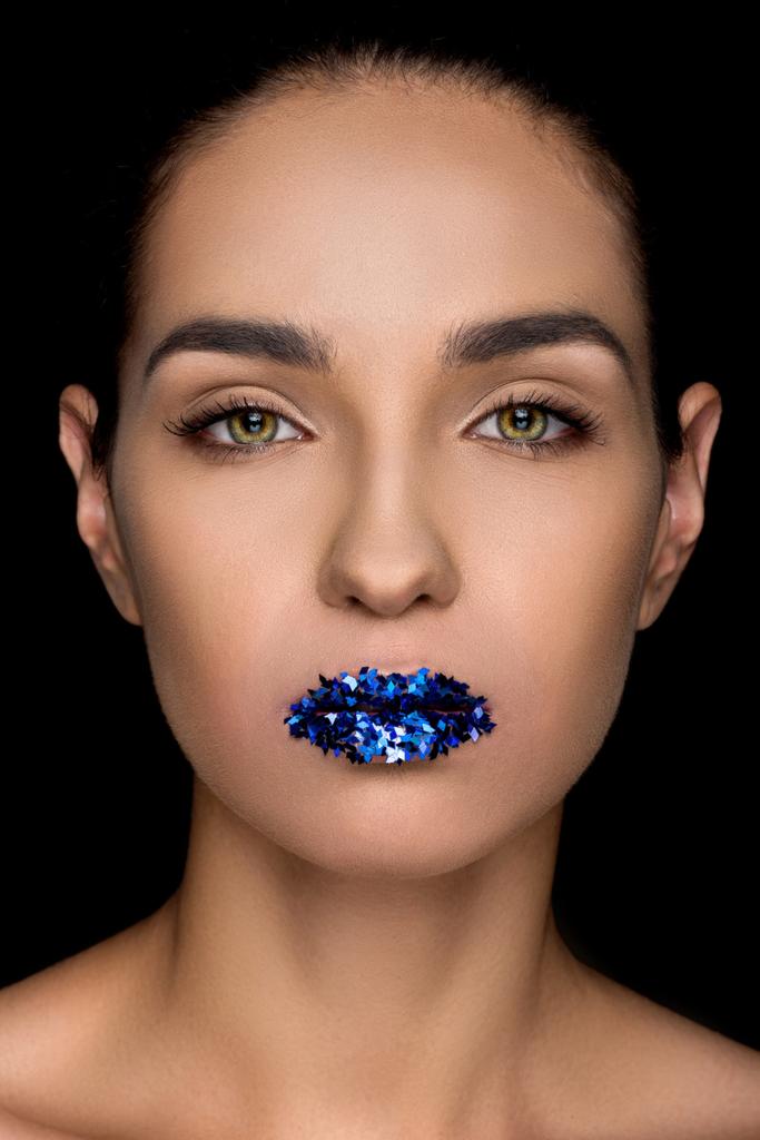 fashionable woman with sparkles on lips - Photo, Image