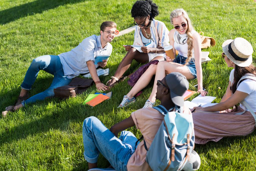 estudiantes multiétnicos descansando en el parque
 - Foto, Imagen