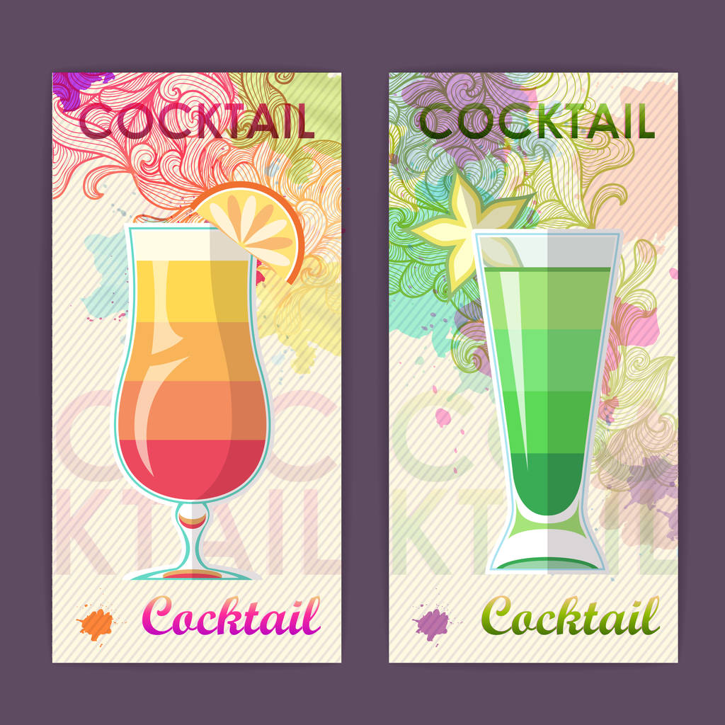 flache Cocktailgestaltung auf künstlerisch dekorativem Aquarell-Hintergrund - Vektor, Bild