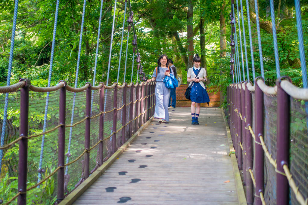 HAKONE, JAPÓN - 02 DE JULIO DE 2017: Personas no identificadas caminando por el puente en el museo al aire libre Hakone
 - Foto, imagen