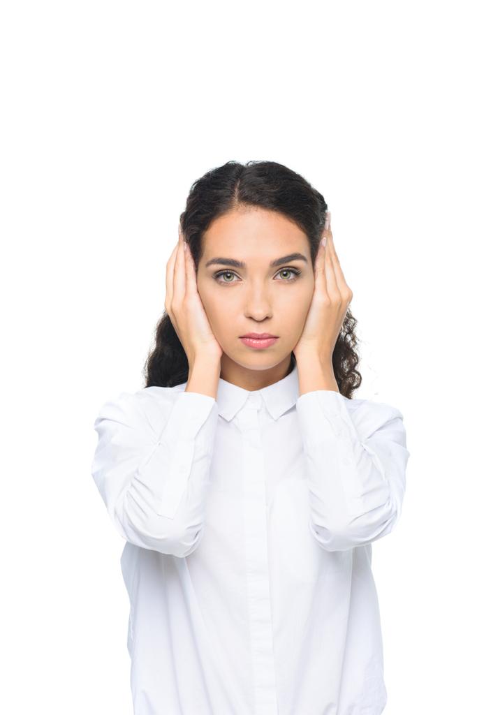 businesswoman closing ears with hands - Photo, Image
