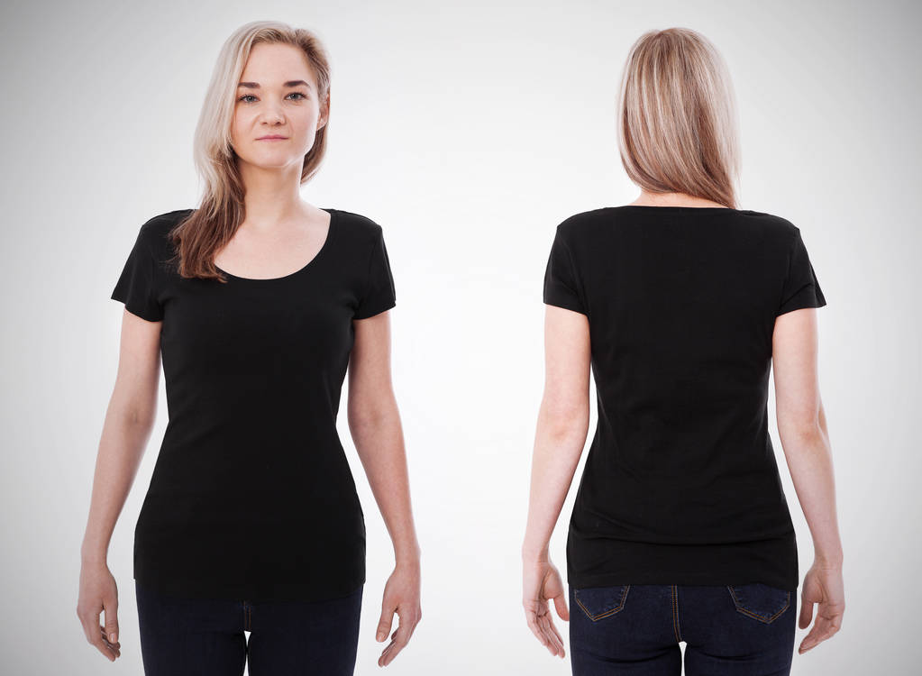 Ing design, és az emberek koncepció - közelről az üres fekete póló elöl és hátul elszigetelt fiatal nő. Mintája fel a design nyomtatási sablon - Fotó, kép