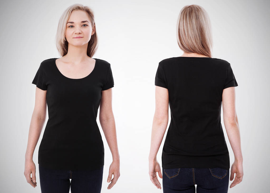 Σχεδιασμός και άνθρωποι έννοια πουκάμισο - εσωτερικη νεαρή γυναίκα σε κενό μαύρο tshirt εμπρός και πίσω που απομονώνονται. Mock up πρότυπο για το σχεδιασμό εκτύπωσης - Φωτογραφία, εικόνα