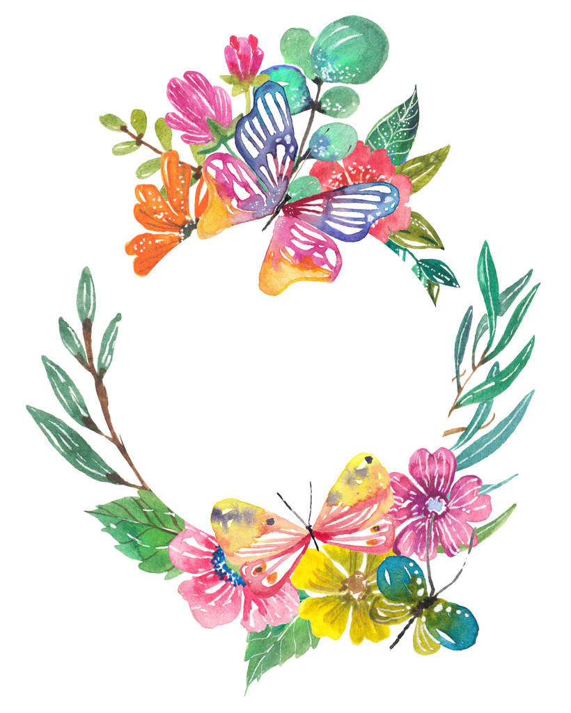 Aquarelle belle conception florale avec des papillons
 - Photo, image