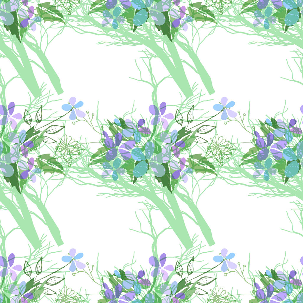 Бесшовный узор с летними цветами и листьями на белом фоне
 - Вектор,изображение