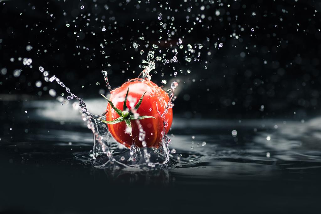Tuore tomaatti putoaa veteen
 - Valokuva, kuva