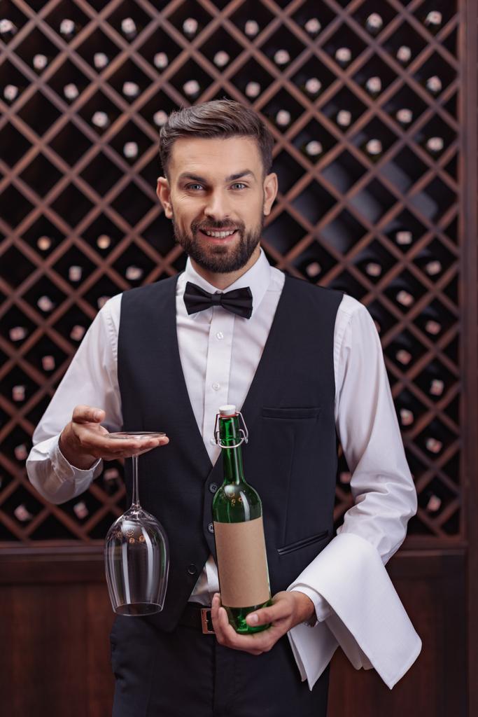 sommelier with wine and glass - Photo, Image