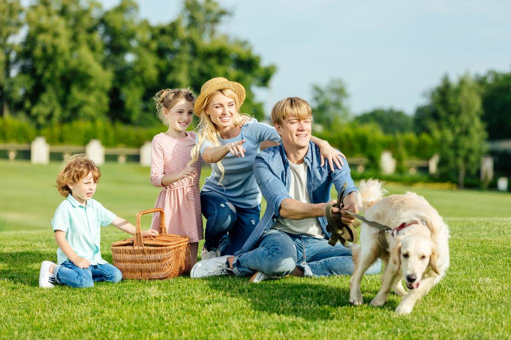 Perhe koiran kanssa piknikillä
  - Valokuva, kuva