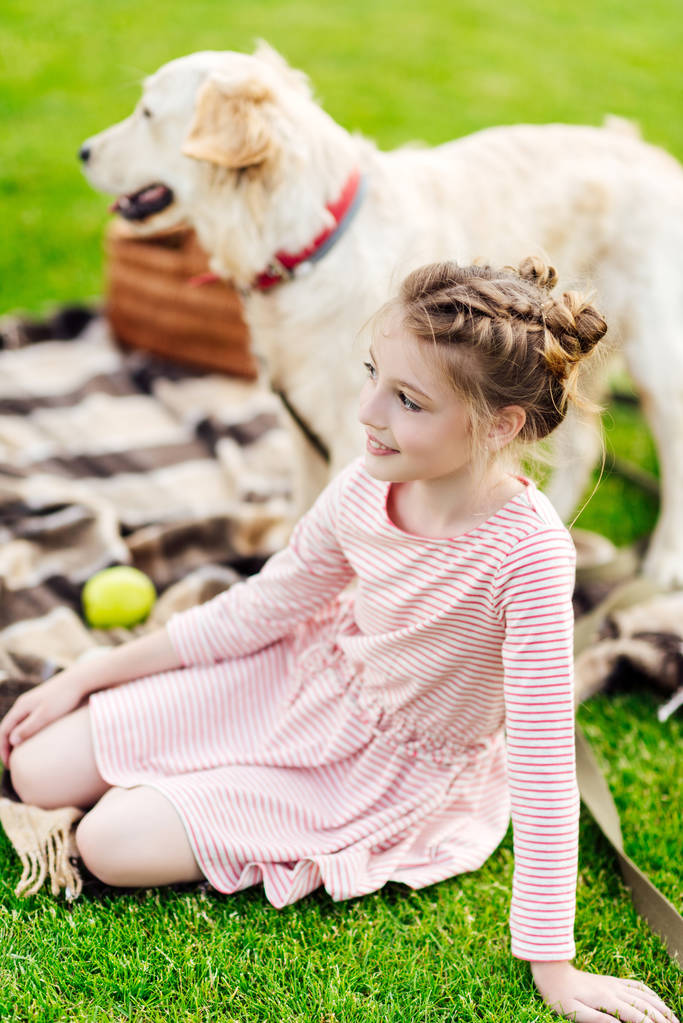 ragazza con cane al picnic
 - Foto, immagini