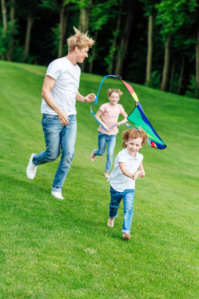 凧で遊んで幸せな家族 - 写真・画像