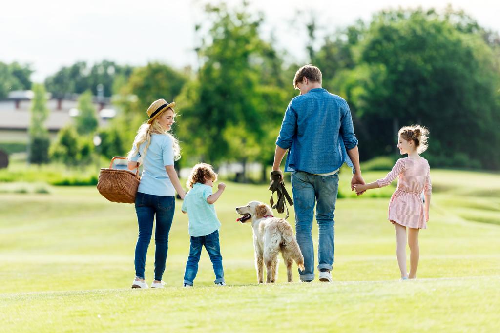 família com cão andando no parque
 - Foto, Imagem