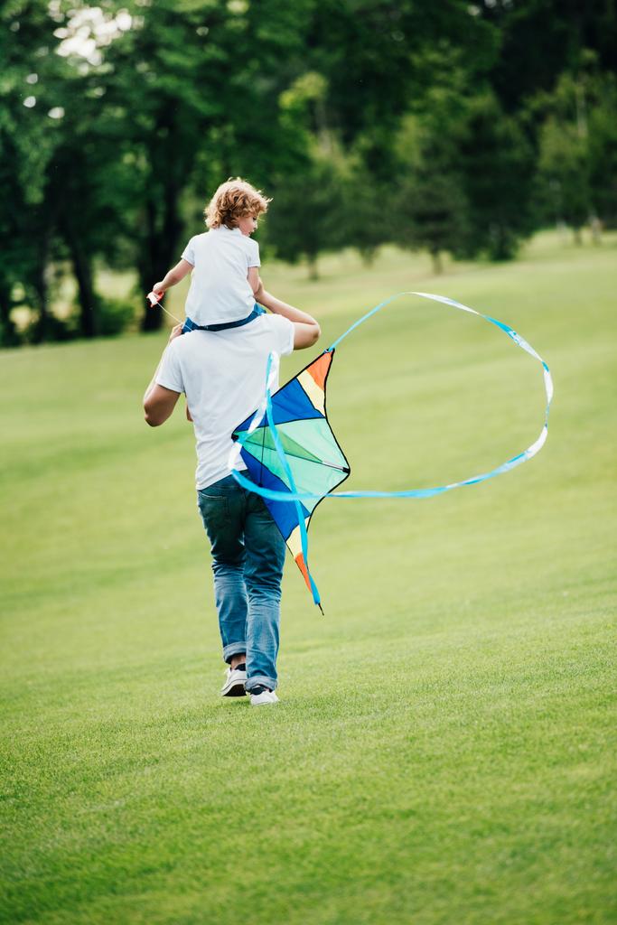 vader en zoon spelen met kite - Foto, afbeelding