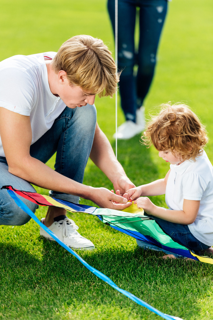 父と息子の凧で遊ぶ - 写真・画像