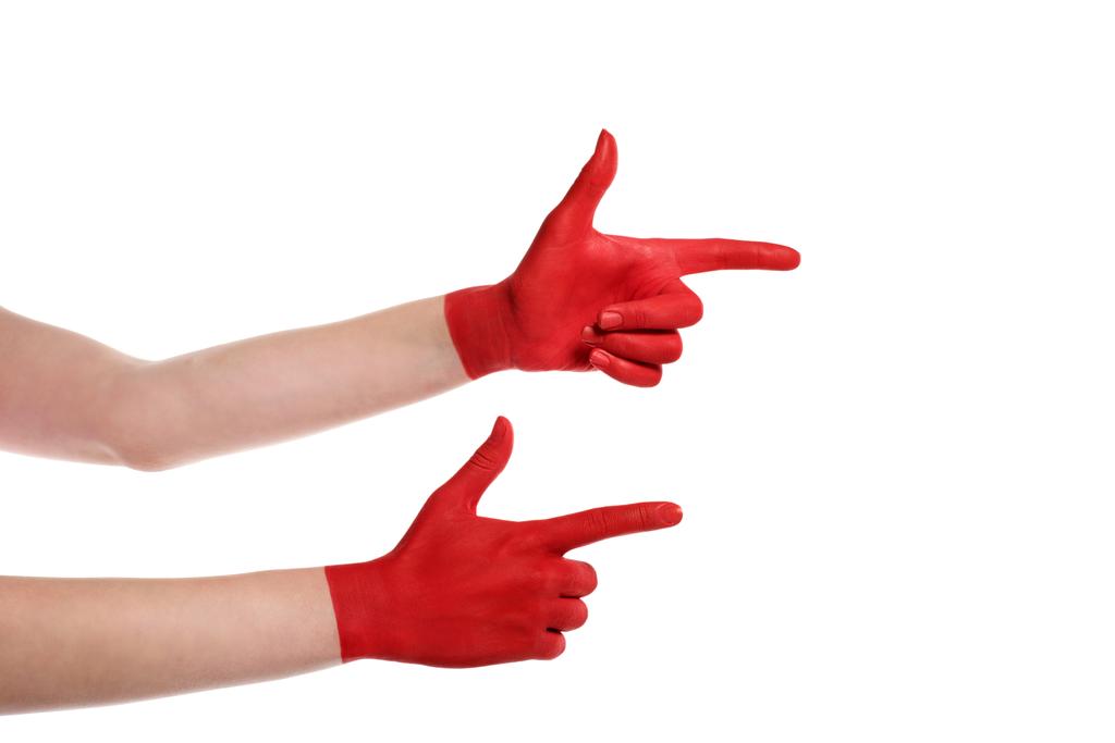 apontando mãos em tinta vermelha
  - Foto, Imagem