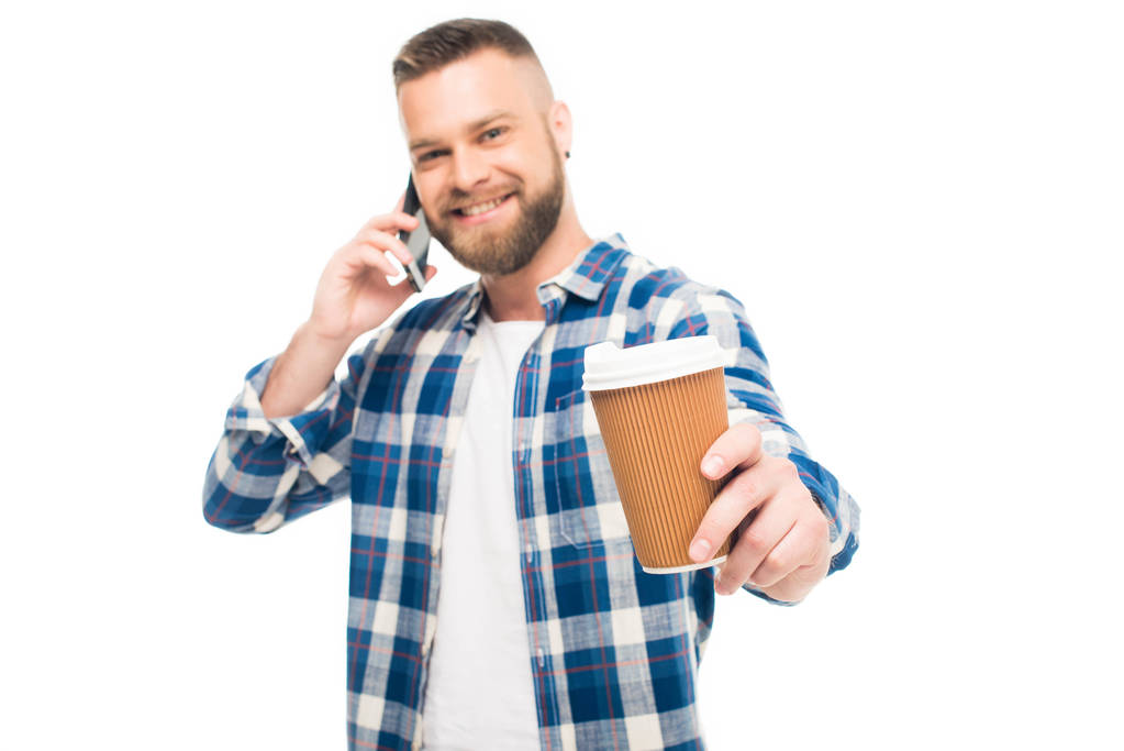 sakallı adam telefonda konuşurken - Fotoğraf, Görsel