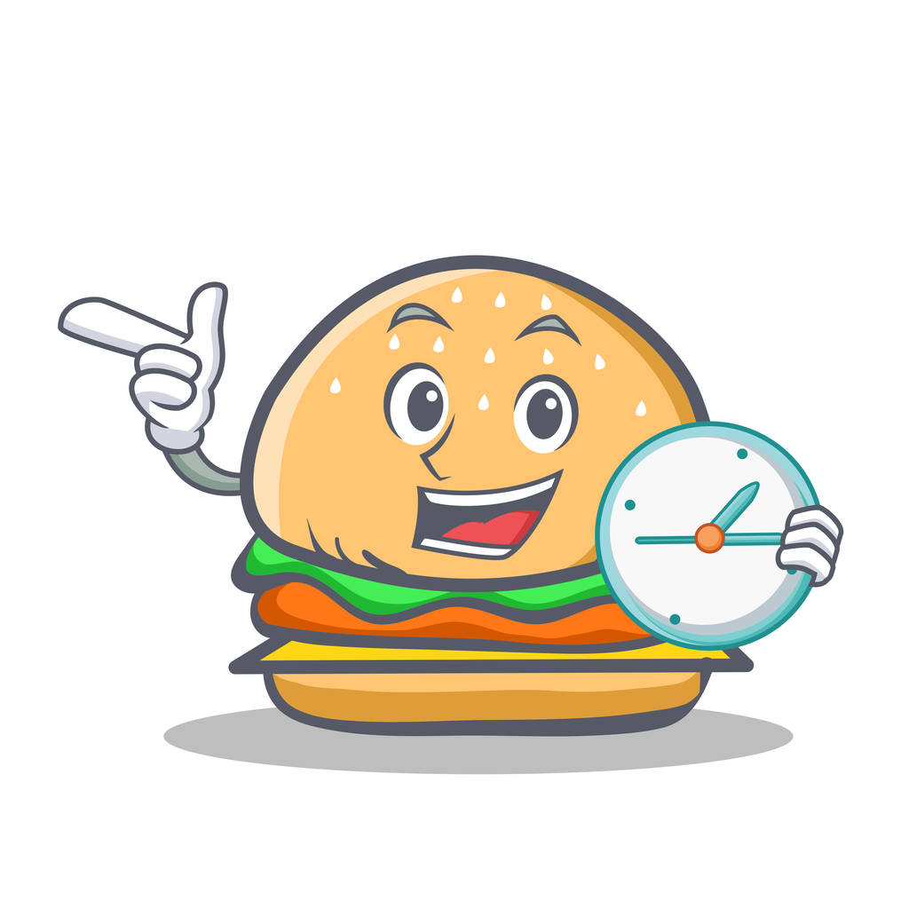 χαρακτήρα burger Φάστ φούντ με ρολόι - Διάνυσμα, εικόνα