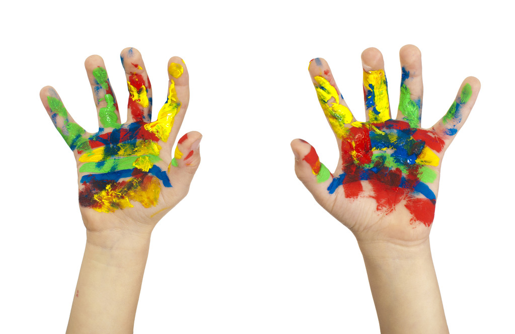Manos de niño pintadas con pintura colorida
 - Foto, Imagen