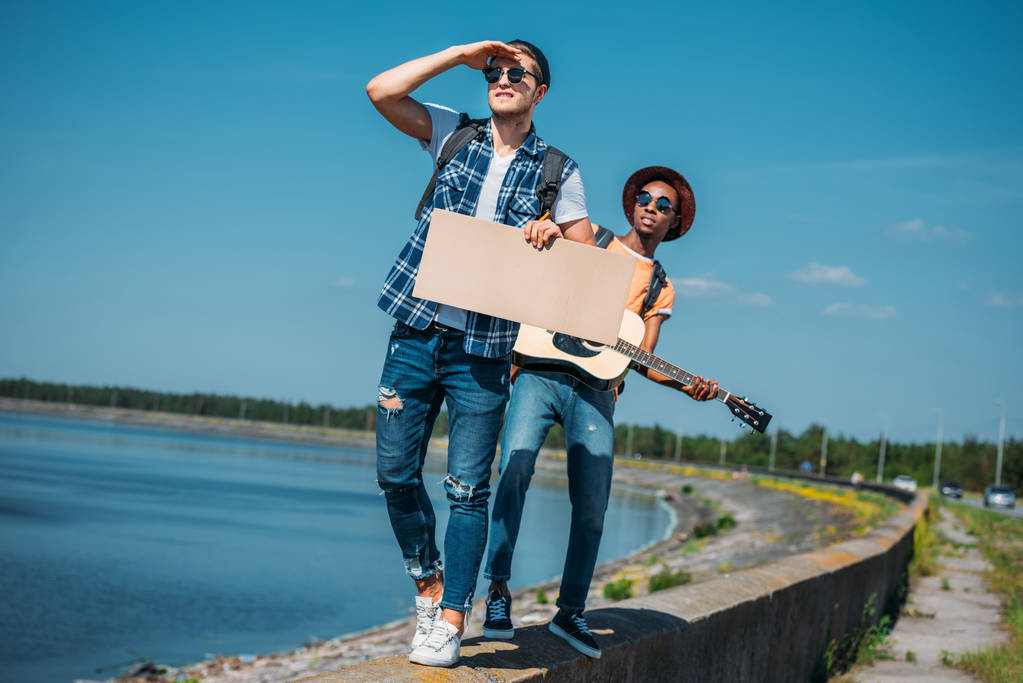 multicultural men with cardboard hitchhiking - Photo, Image