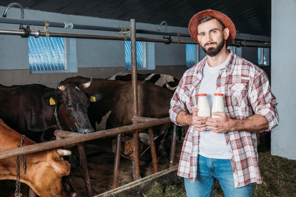 agriculteur avec du lait frais en stalle
 - Photo, image