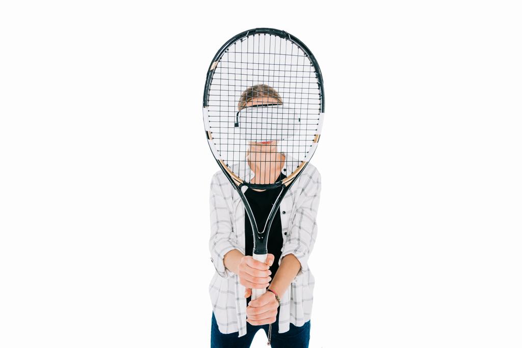 a virtuális valóság teniszezni lány - Fotó, kép