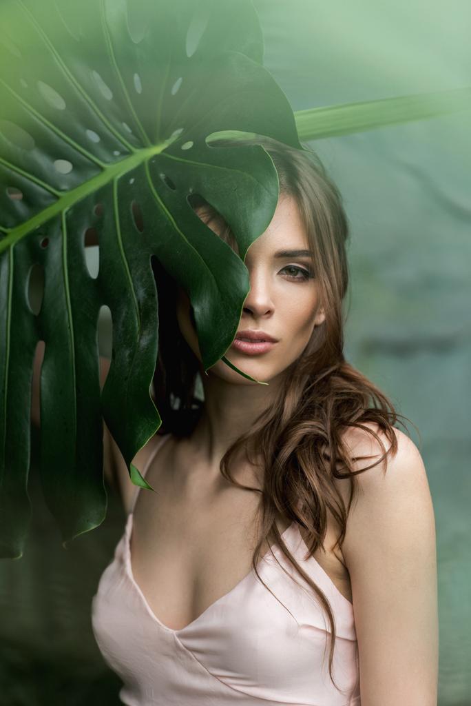 donna attraente con foglia di palma
 - Foto, immagini