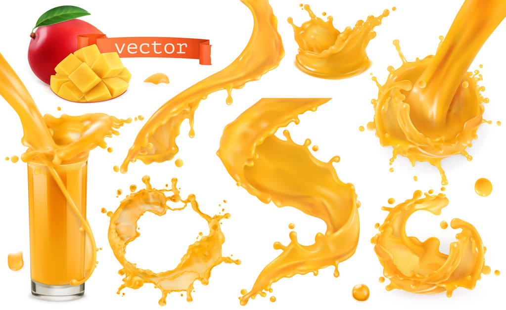 Turuncu boya sıçraması. Mango, ananas, papaya suyu. 3d gerçekçi vektör simgesi seti - Vektör, Görsel